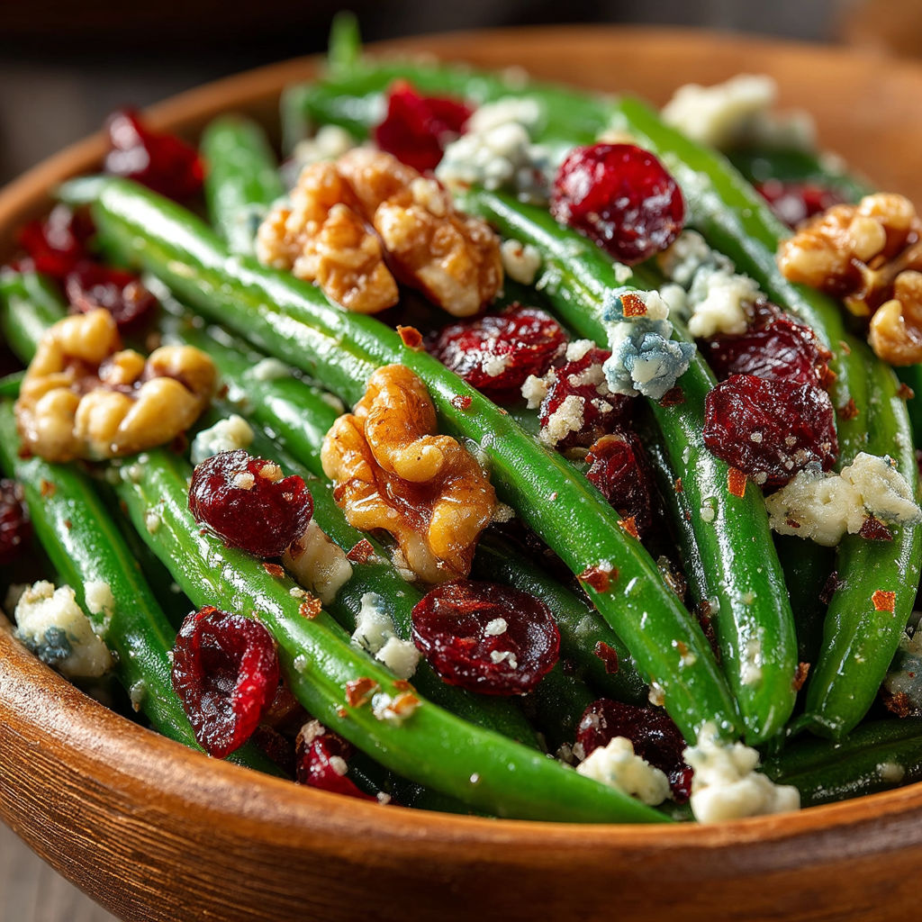 A bowl of green beans with nuts and blue cheese.