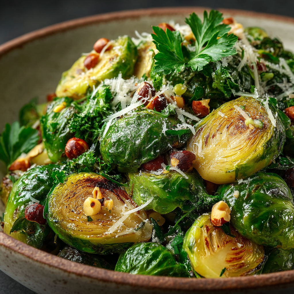 A bowl of sautéed Brussels sprouts.