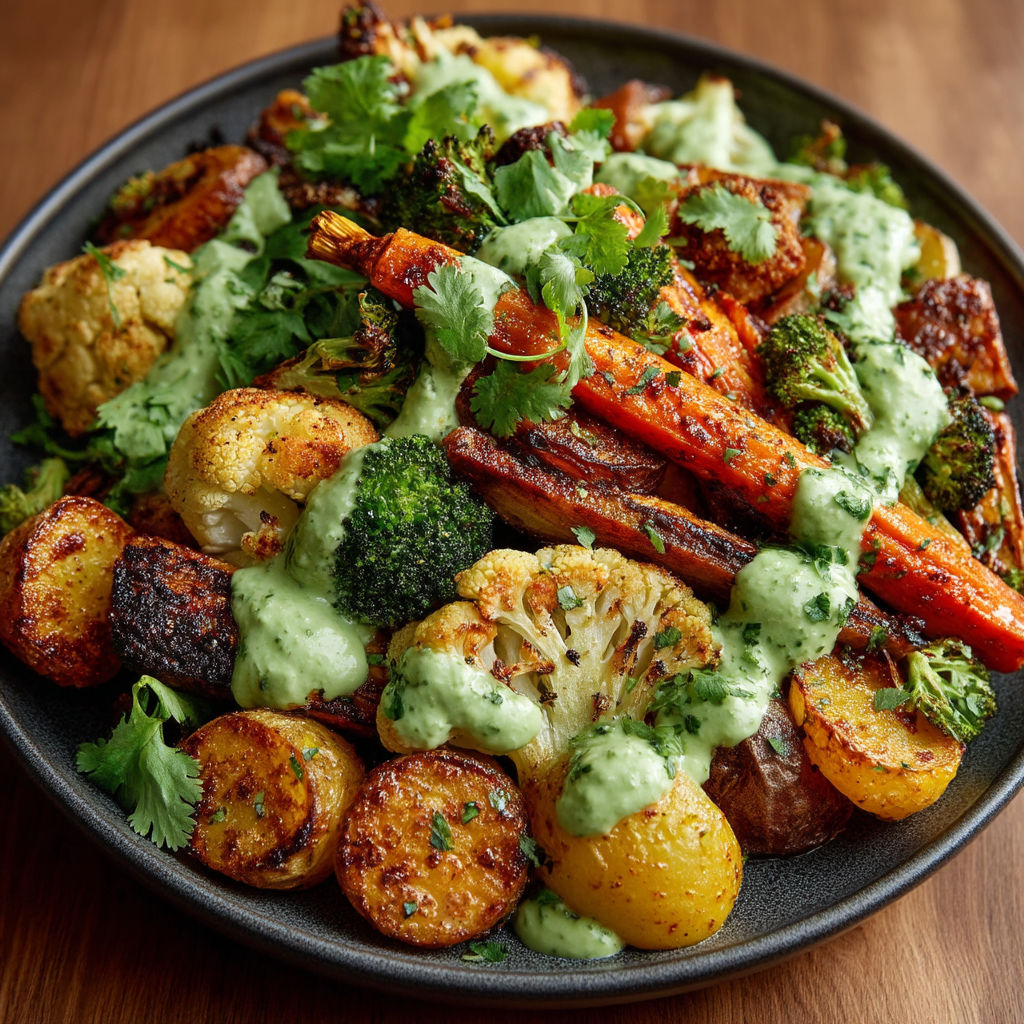 A plate of vegetables with tahini sauce.