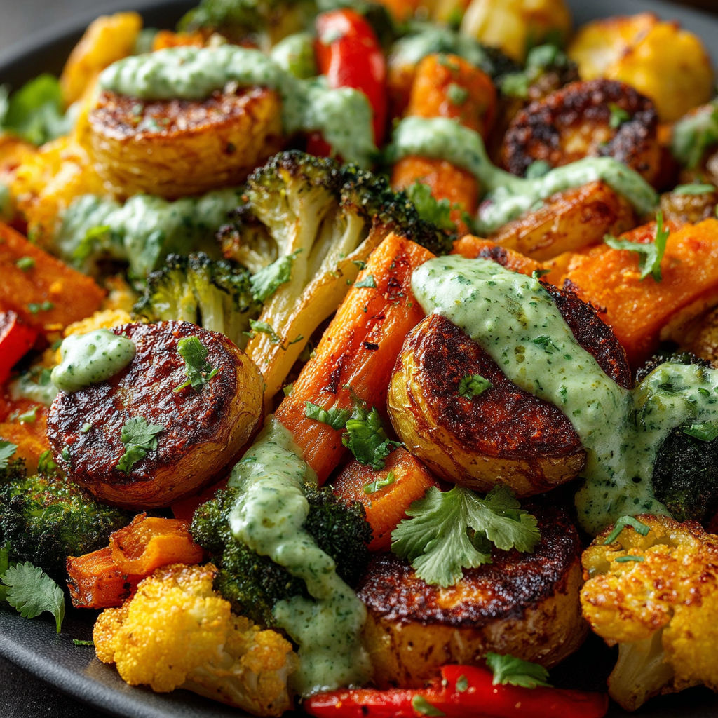 A plate of roasted vegetables with tahini sauce.