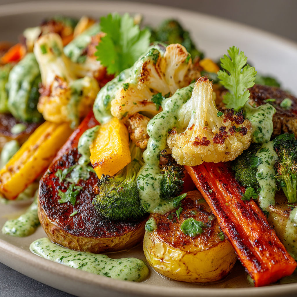 A plate of food with a variety of vegetables and sauce.