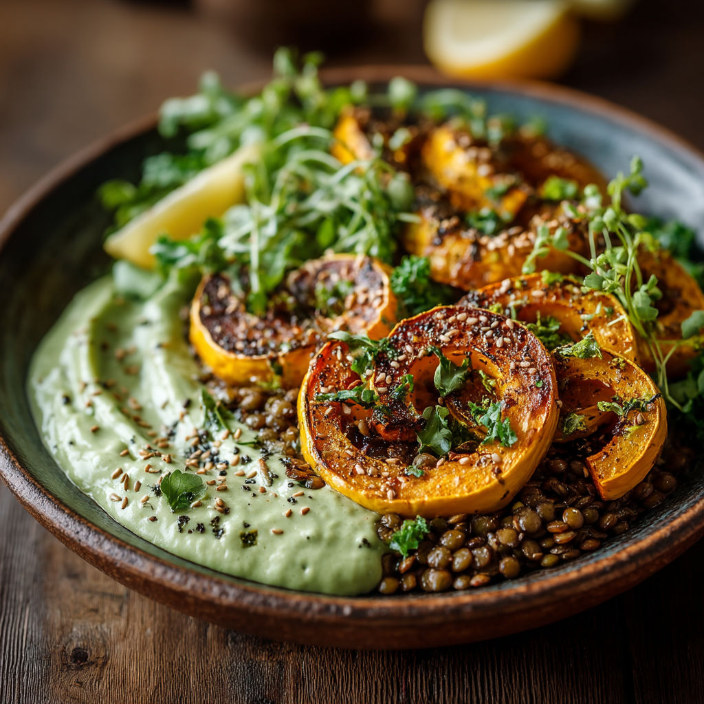A bowl of food with a lemon wedge on top.
