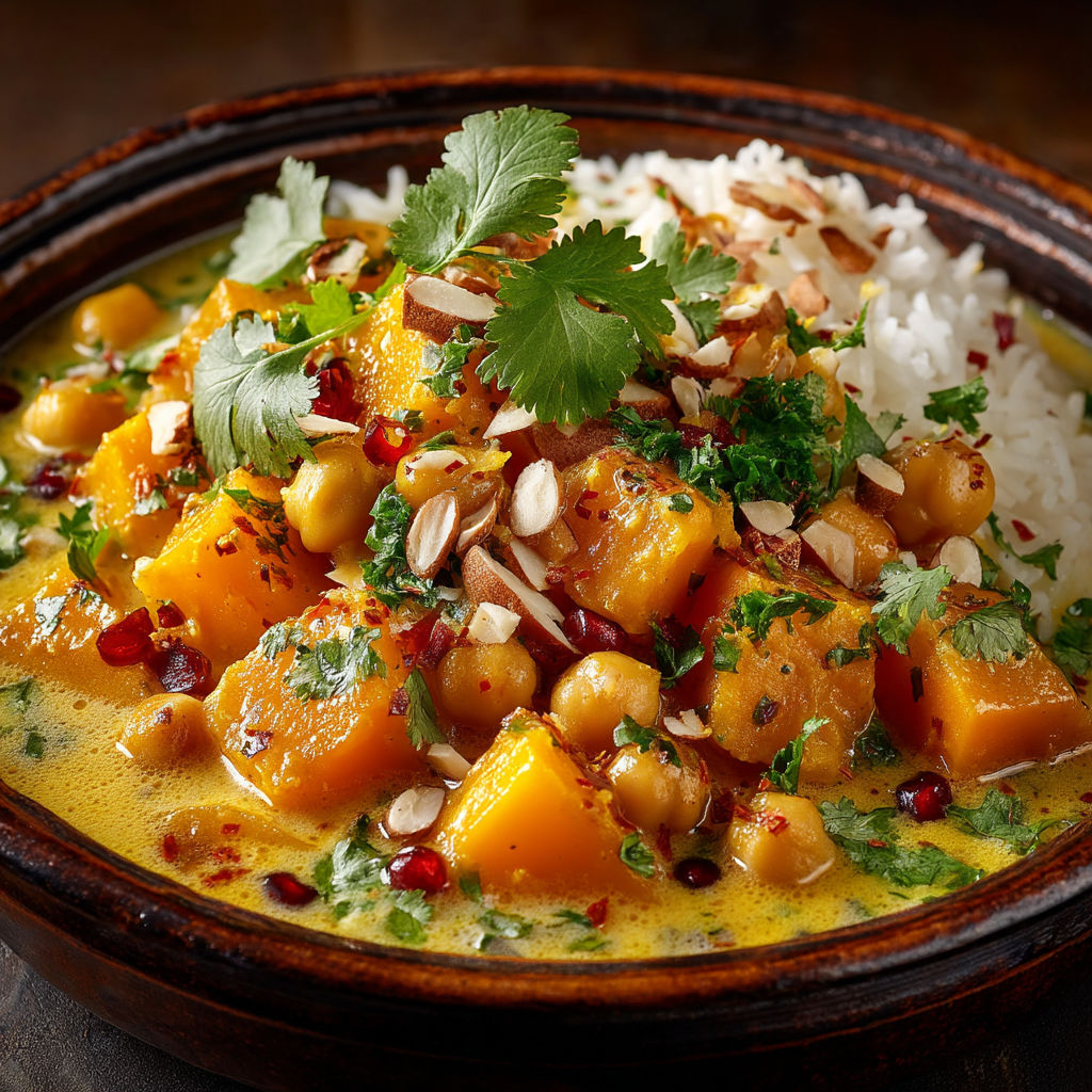 A bowl of curry with chickpeas and rice.