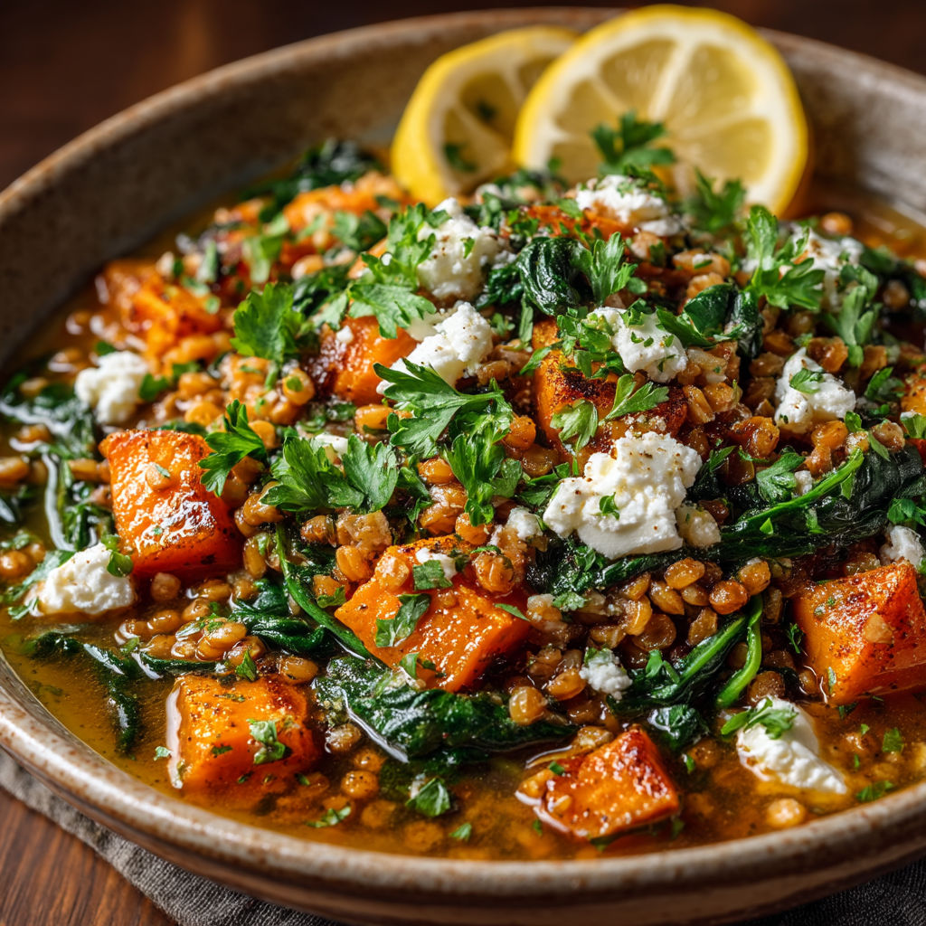 A bowl of food with a lemon on top.