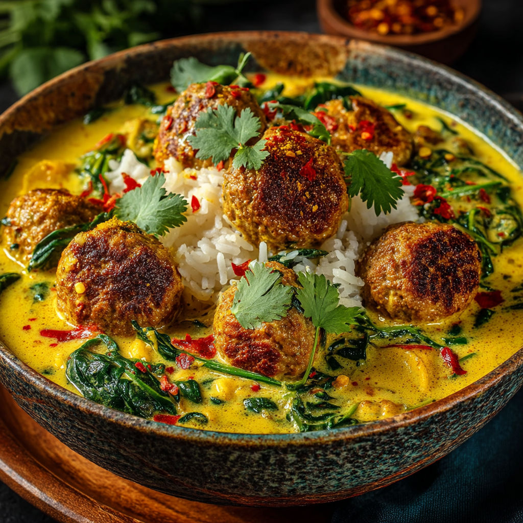 A bowl of curry with meatballs and vegetables.