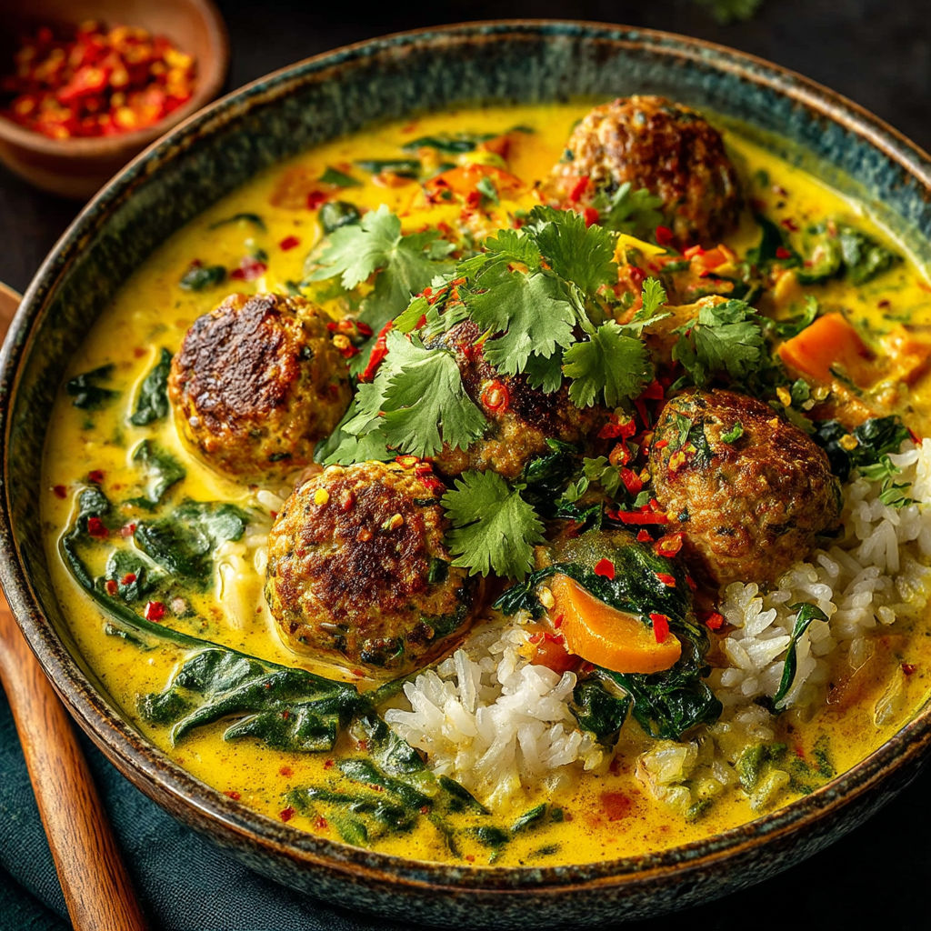 A bowl of soup with meatballs and vegetables.