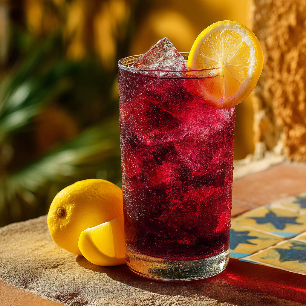 A glass of red wine with lemon slices.