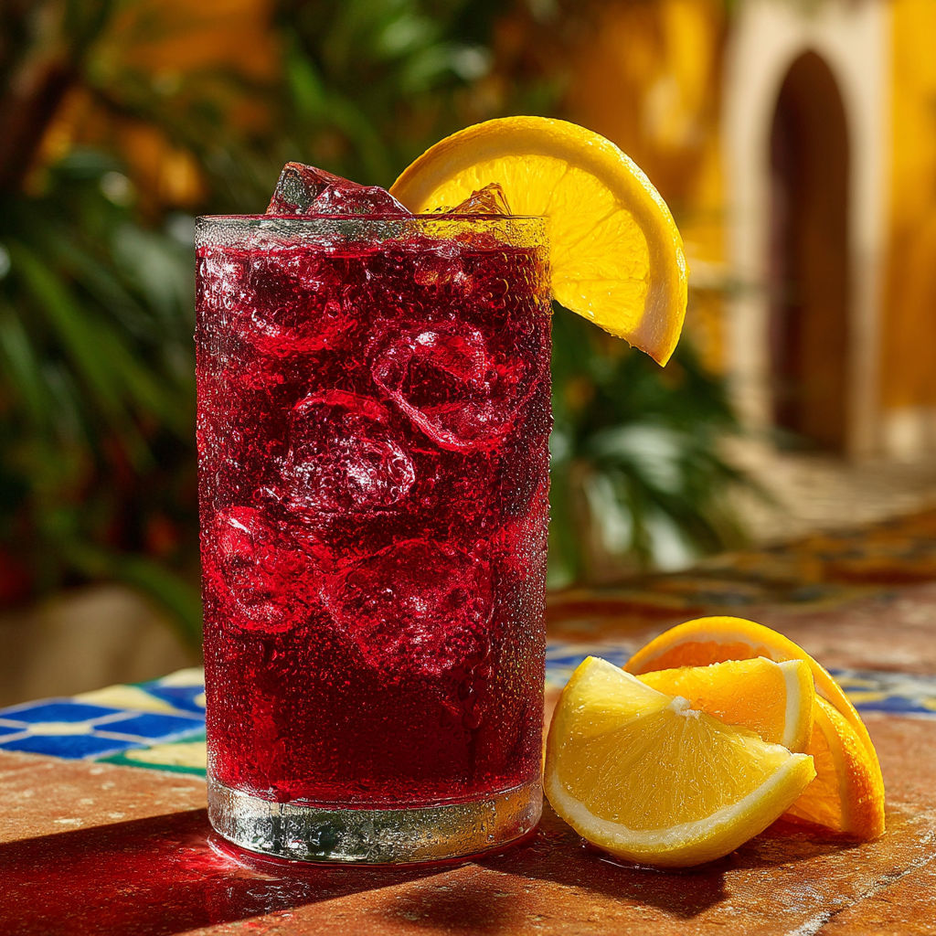 A glass of red drink with orange slices on the side.