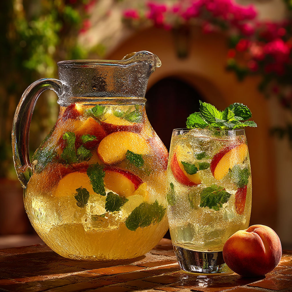 A pitcher of peach sangria and a glass of it.