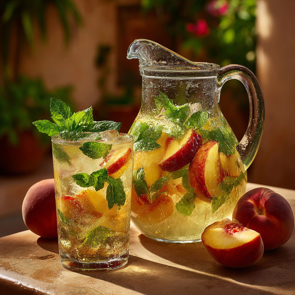 A glass of peach juice with a mint garnish.