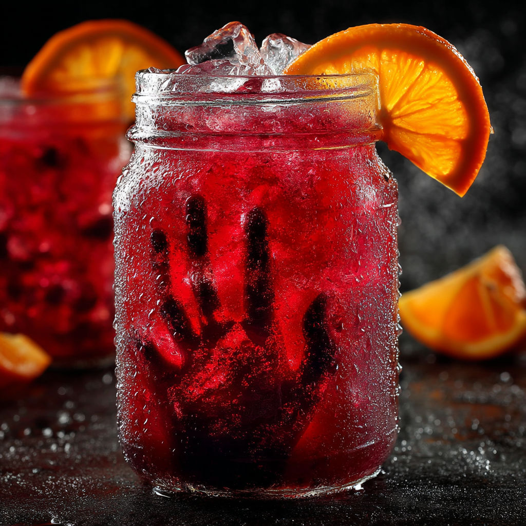 A glass of red liquid with a hand print on it.