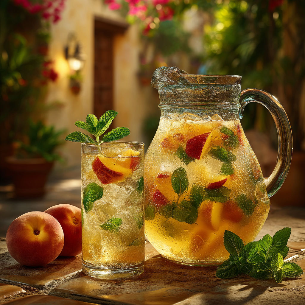 A glass of fruit juice and a pitcher of the same.