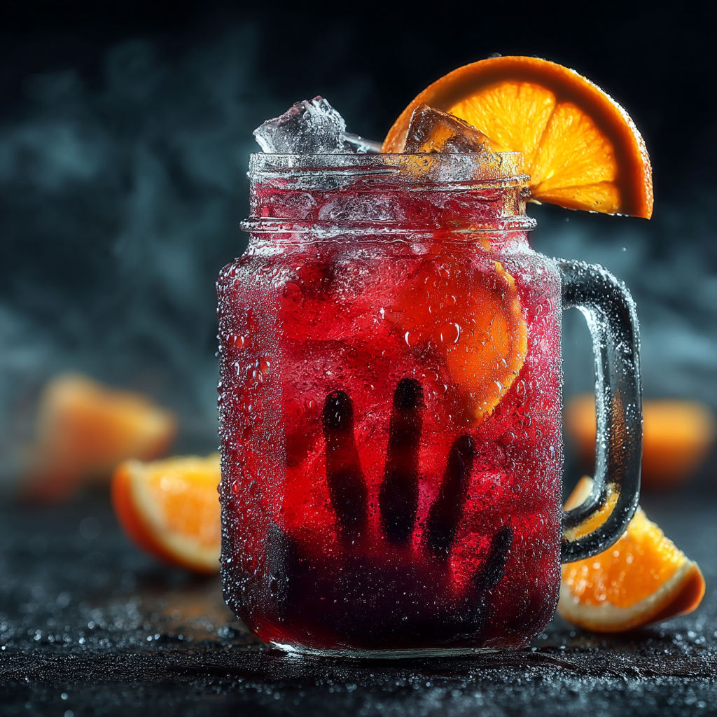 A glass of red drink with a hand in it.