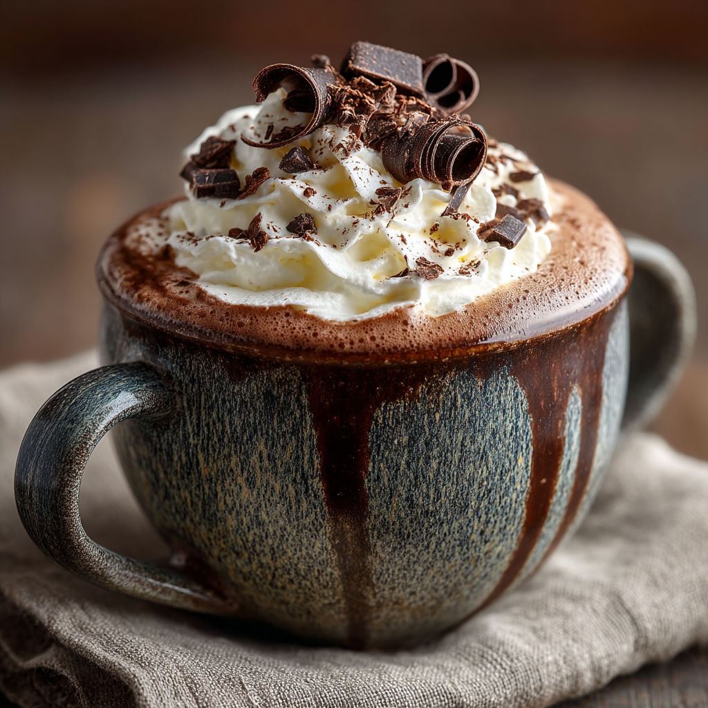 A cup of chocolate with whipped cream.