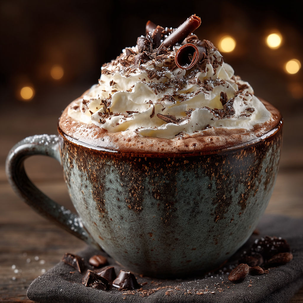A cup of coffee with whipped cream and chocolate sprinkles.