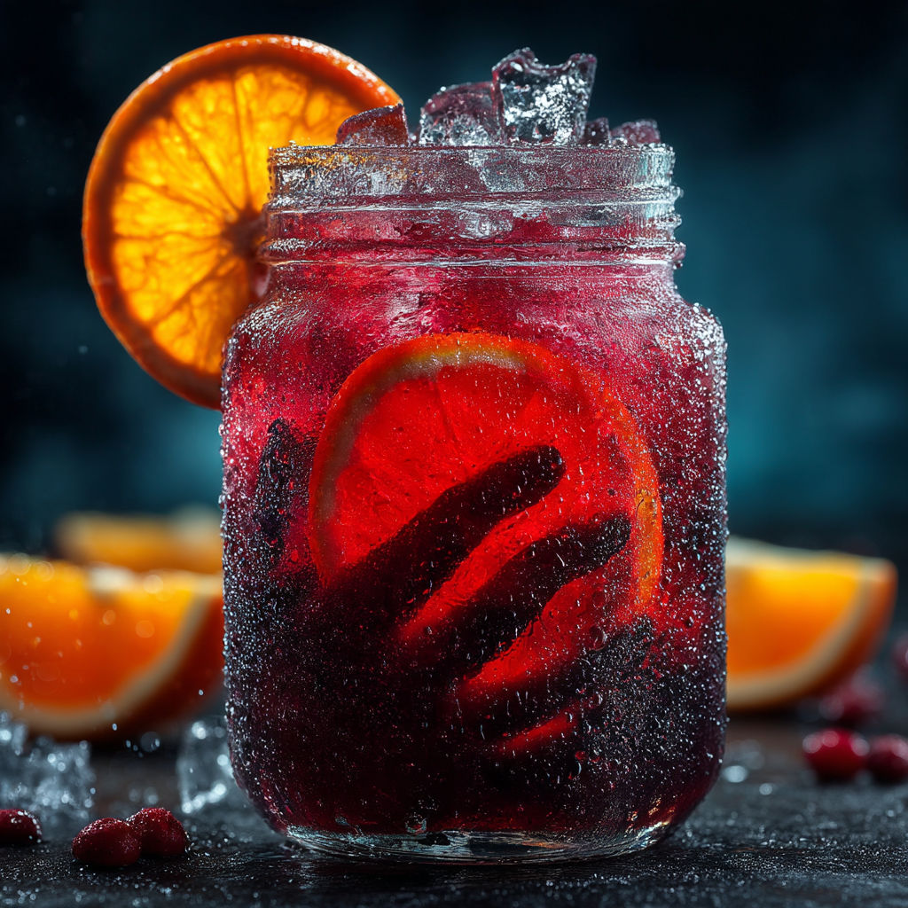 A glass of red liquid with a slice of orange in it.