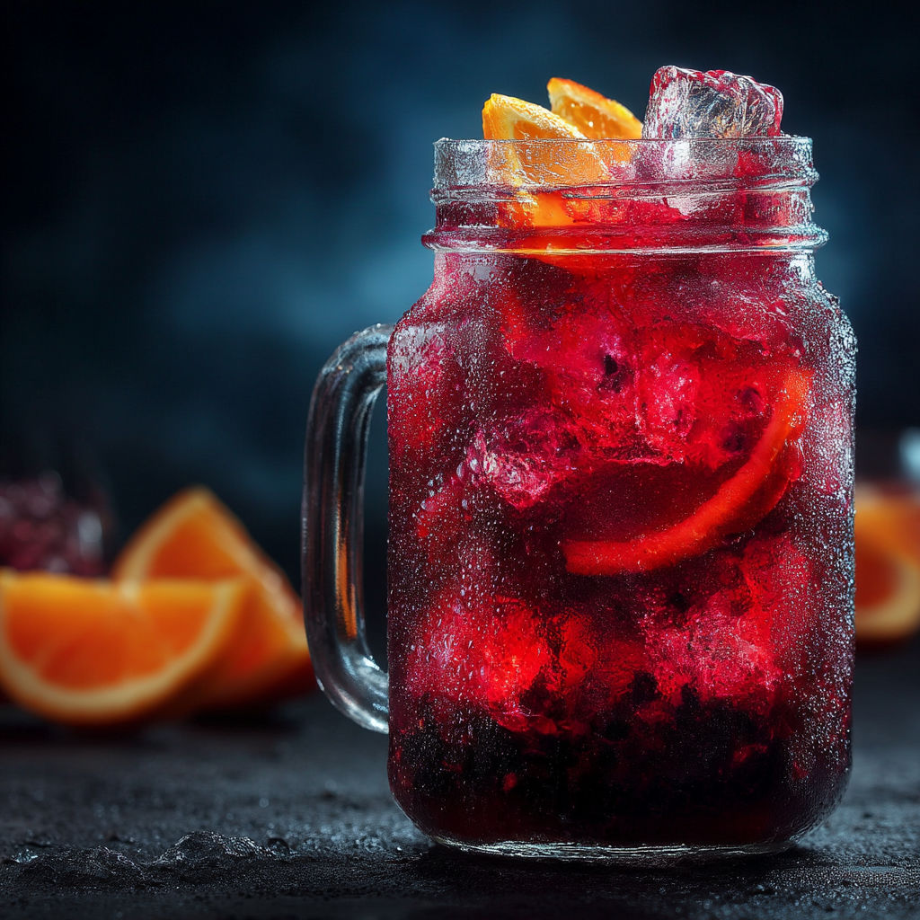 A glass of red juice with orange slices.