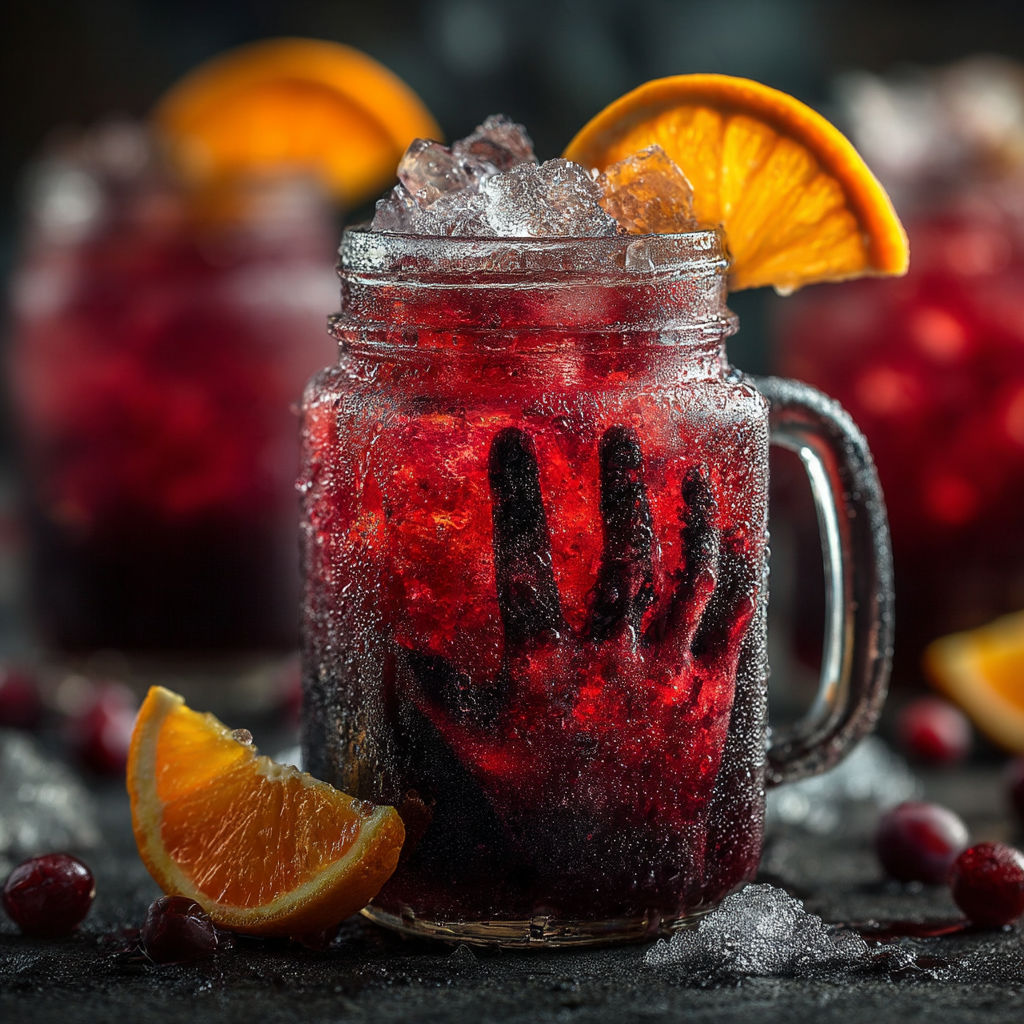 A glass of red drink with a hand in it.