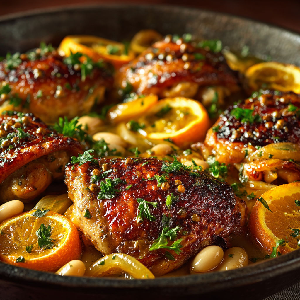A pan of food with chicken, beans, and oranges.