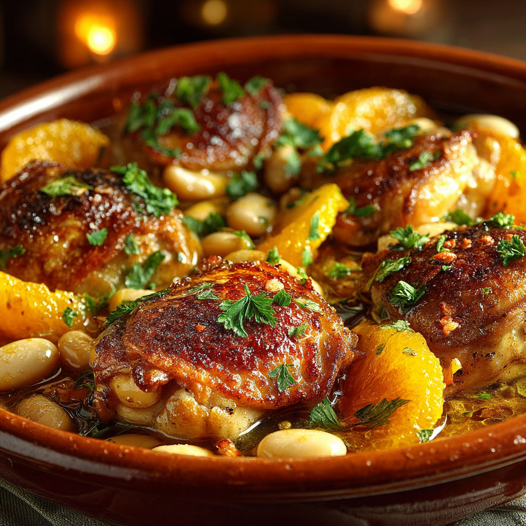 A bowl of food with chicken, beans, and oranges.