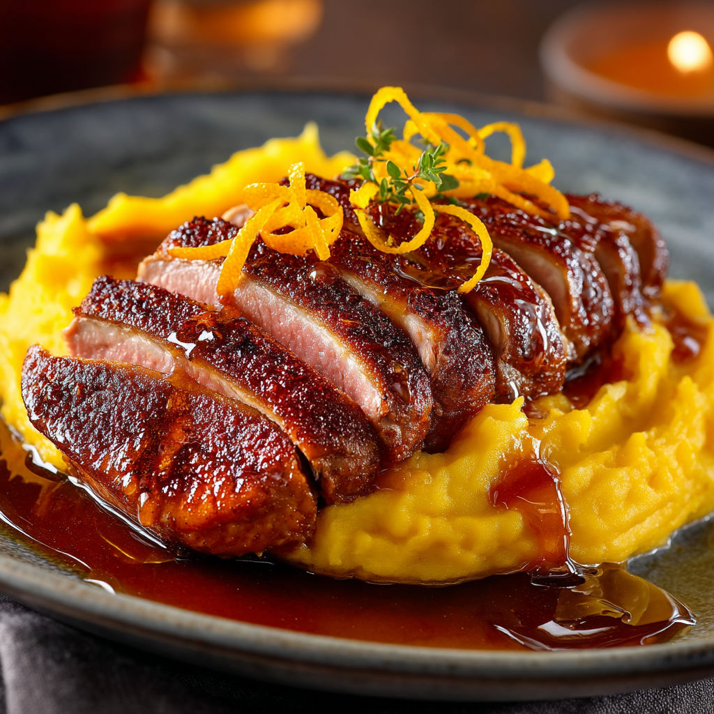 A plate of food with a duck and potatoes.