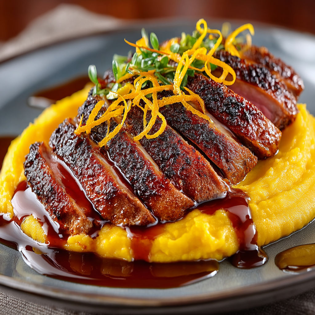 A plate of food with a piece of meat and a slice of orange.