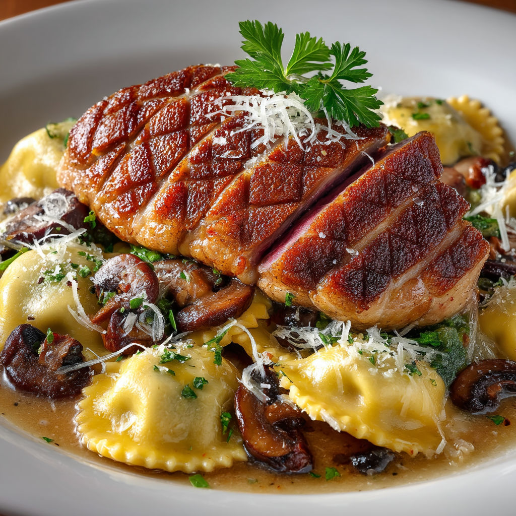 A plate of food with a chicken breast and mushrooms.