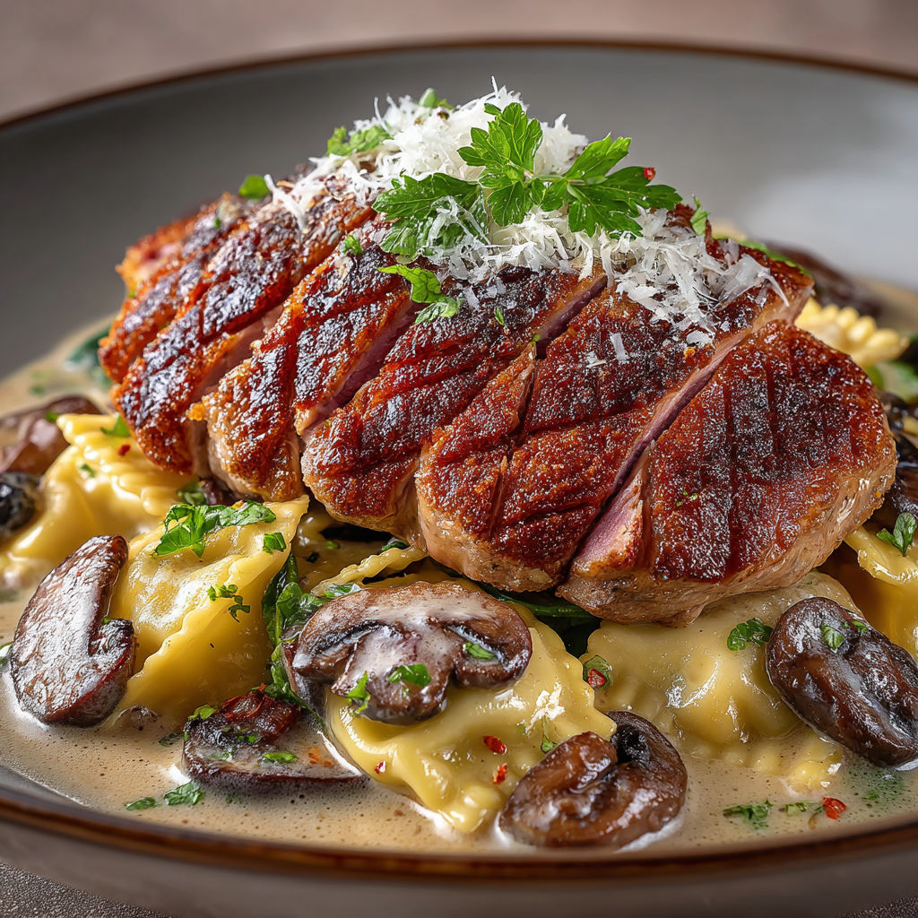 A plate of food with meat and mushrooms.