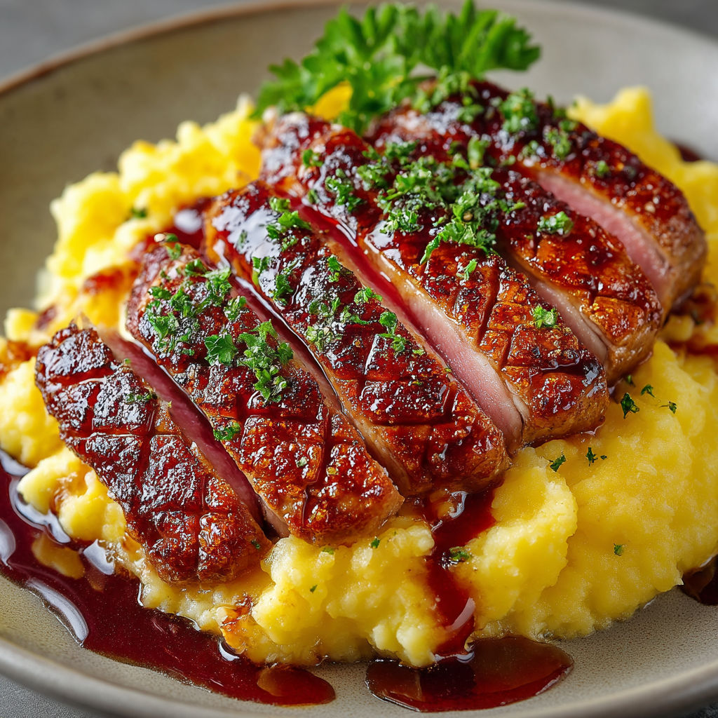 A plate of food with a piece of meat and a green garnish.