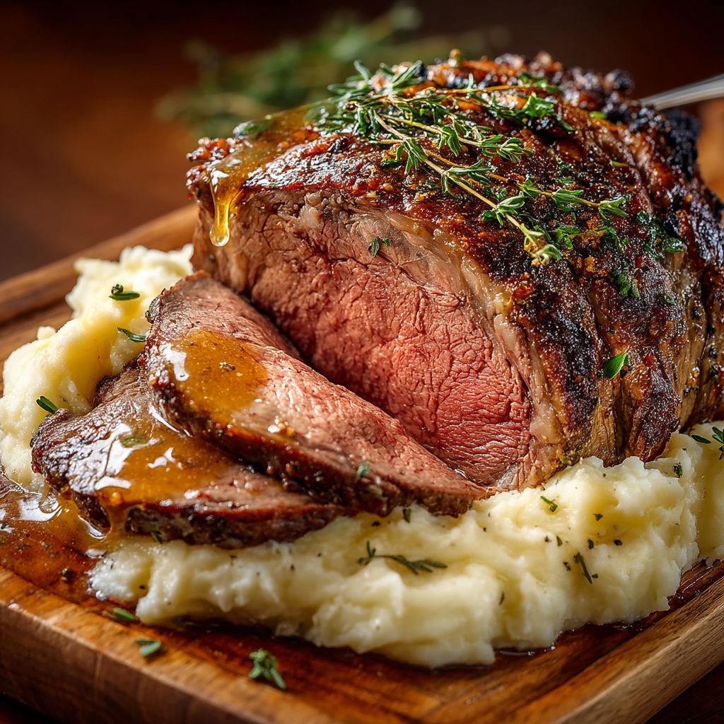 A roast beef dinner with potatoes and herbs.