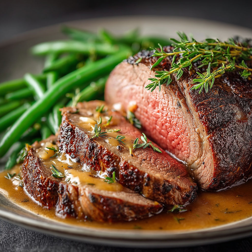 A plate of meat and green beans.