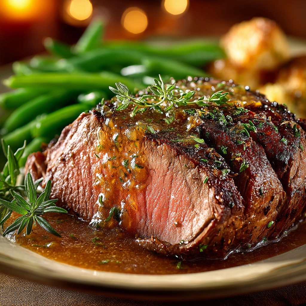 A plate of food with a steak and green beans.