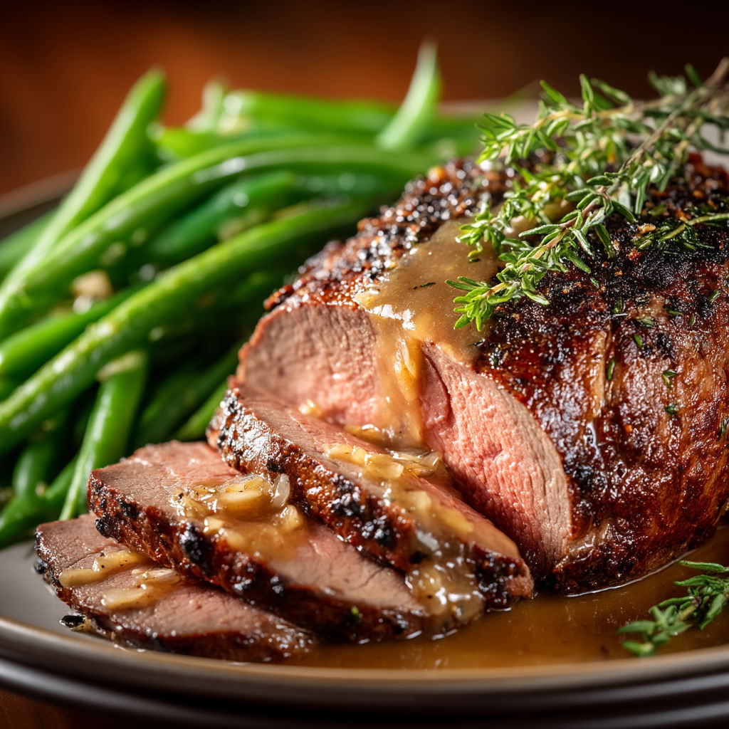 A plate of meat with green beans and herbs.