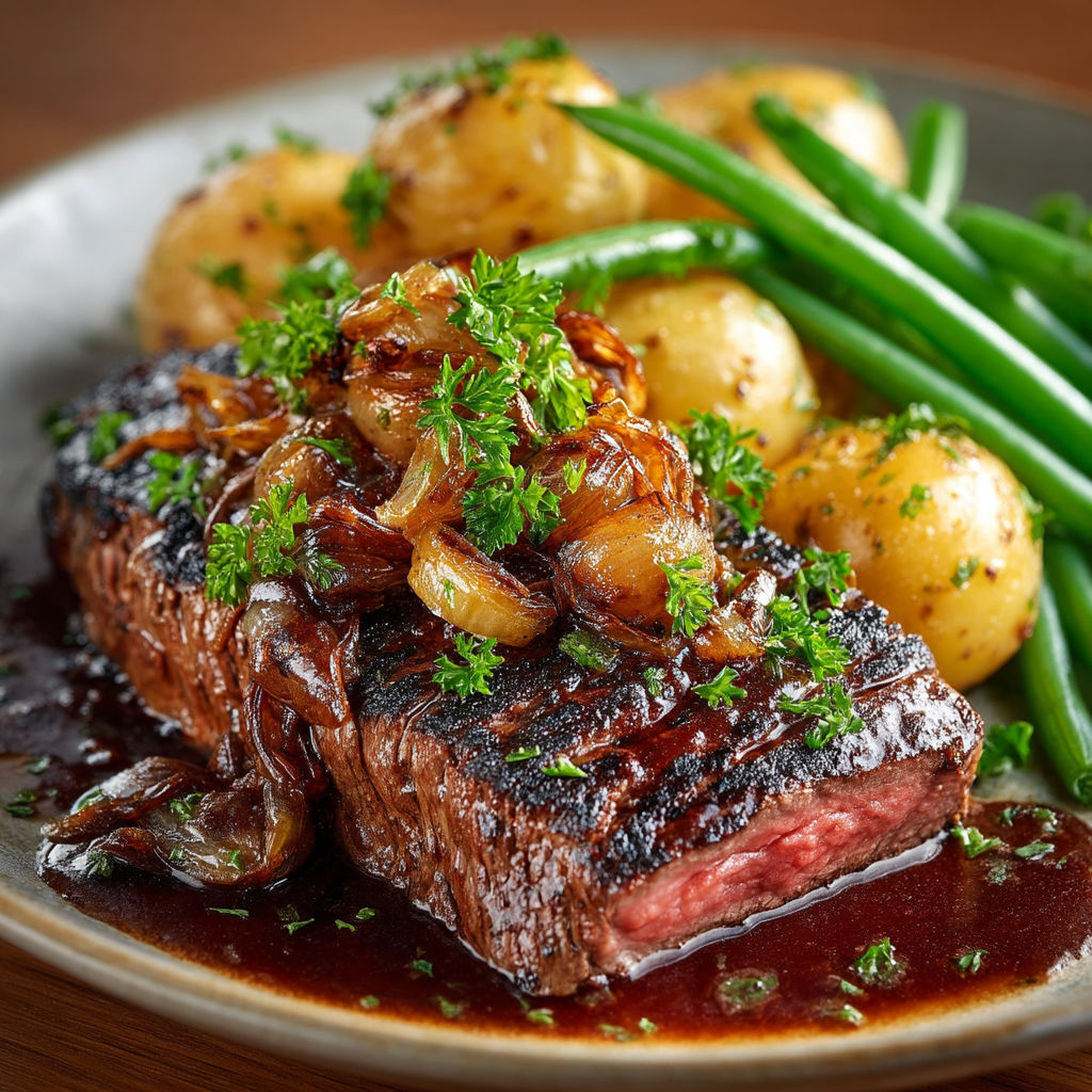 A plate of food with a steak, potatoes, and green beans.