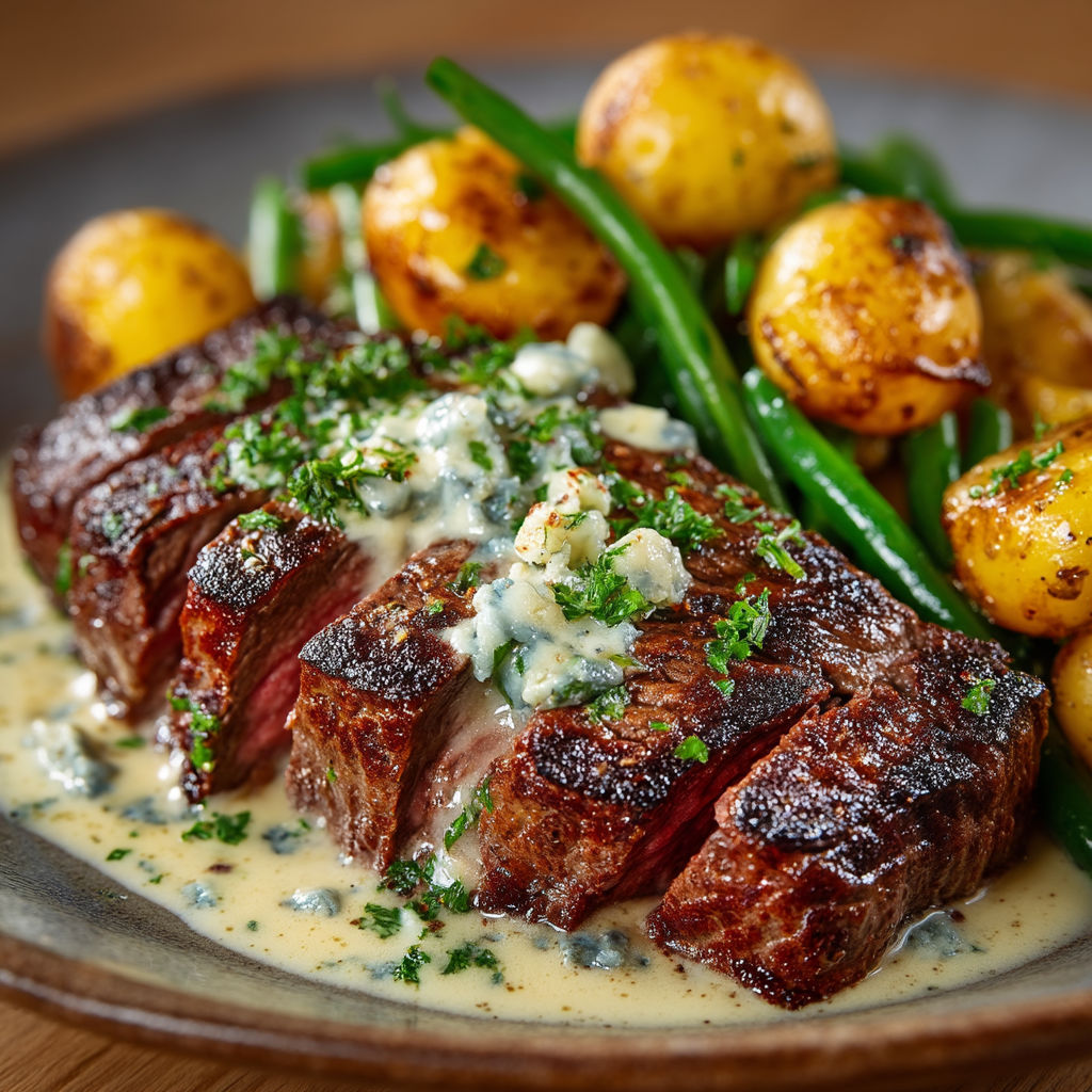 A plate of food with meat, potatoes, and green beans.