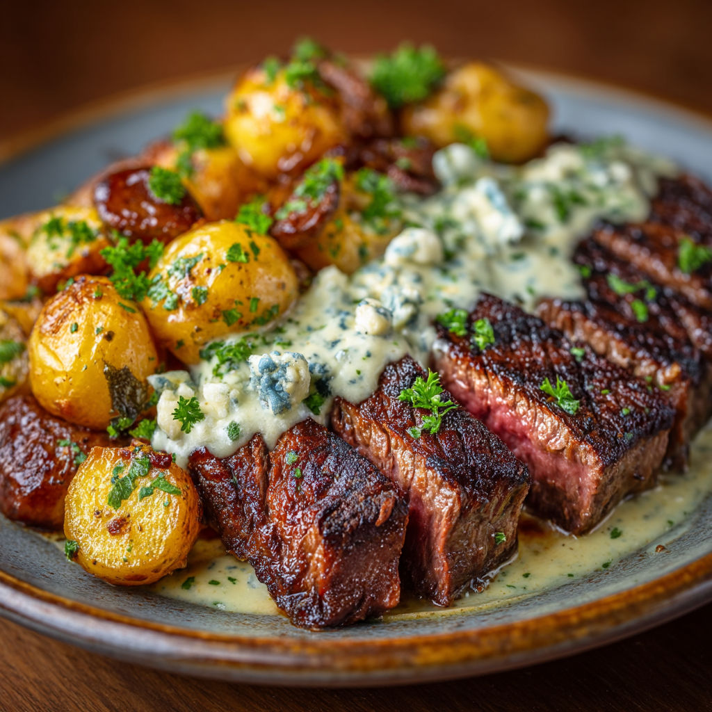 A plate of food with a steak and potatoes.