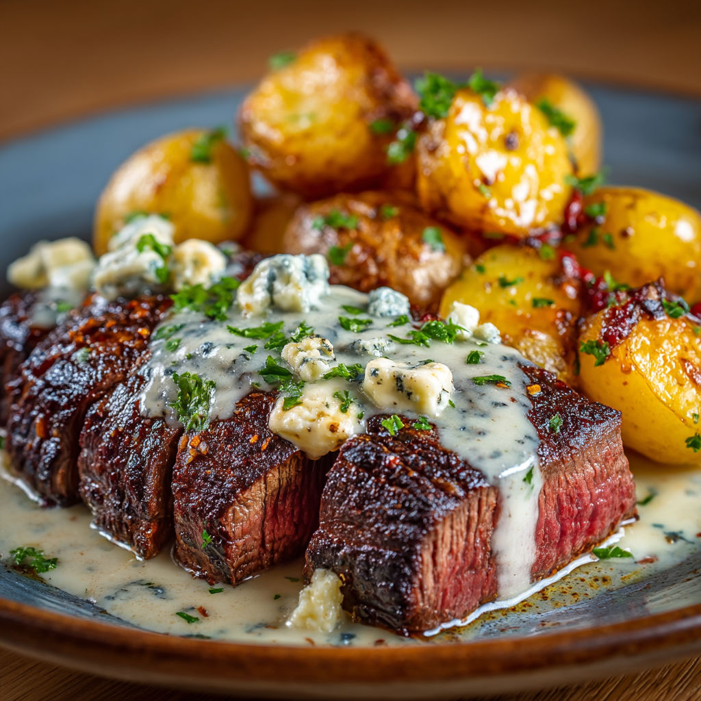 A plate of food with meat and potatoes.