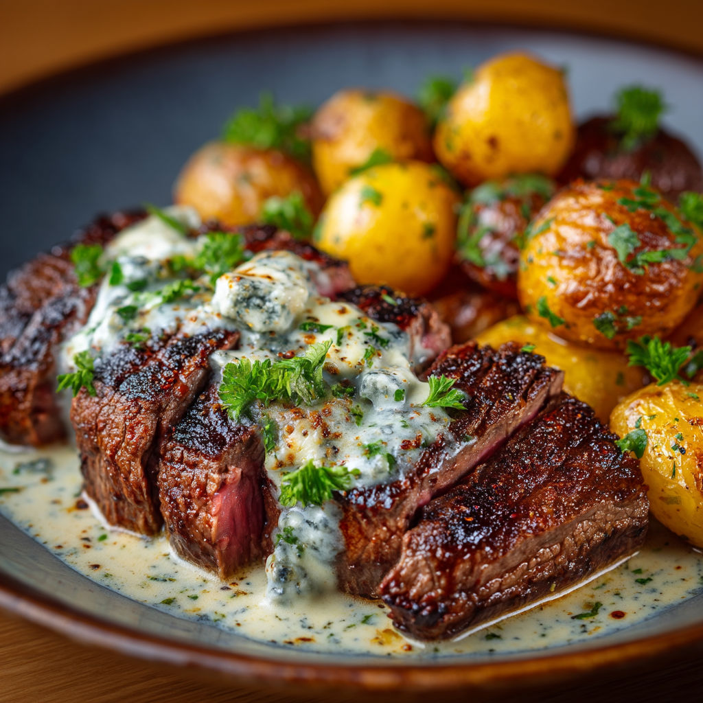 A plate of food with meat and potatoes.