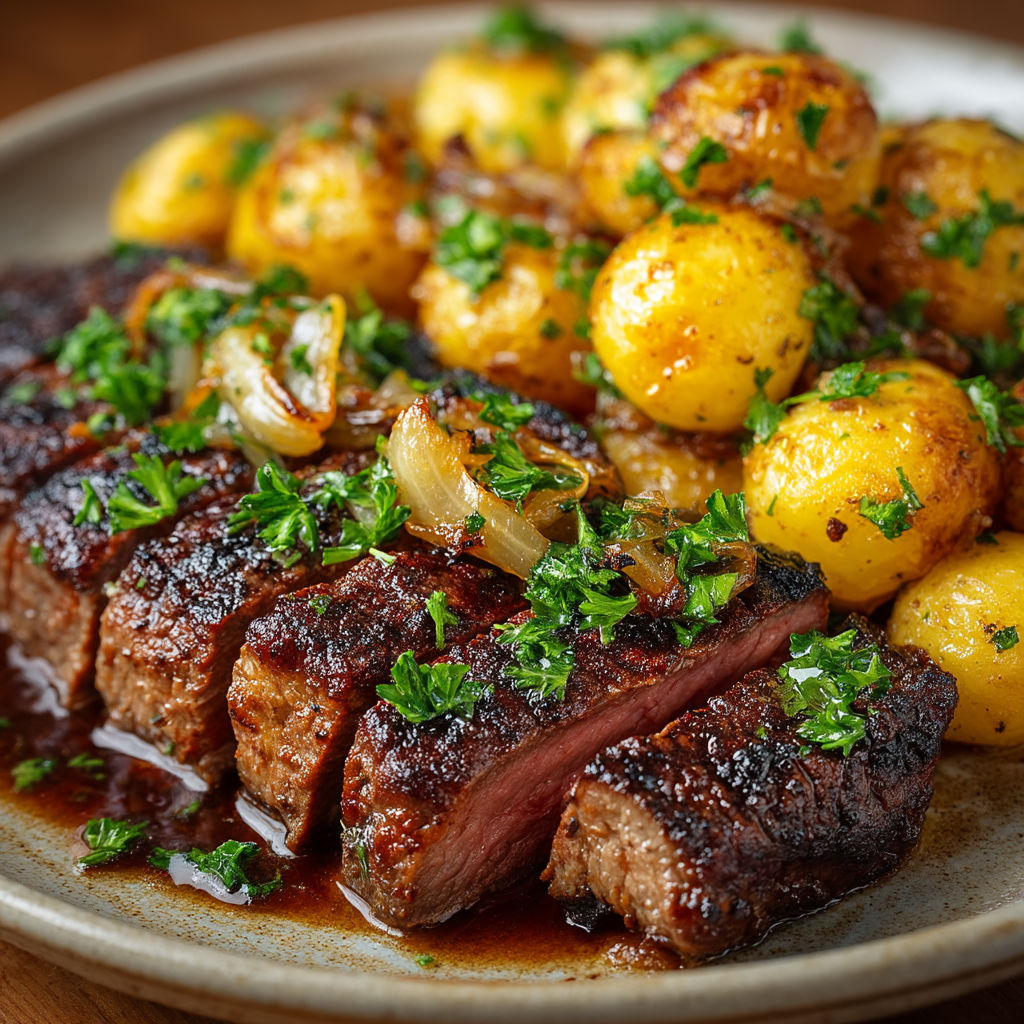 A plate of meat and potatoes.