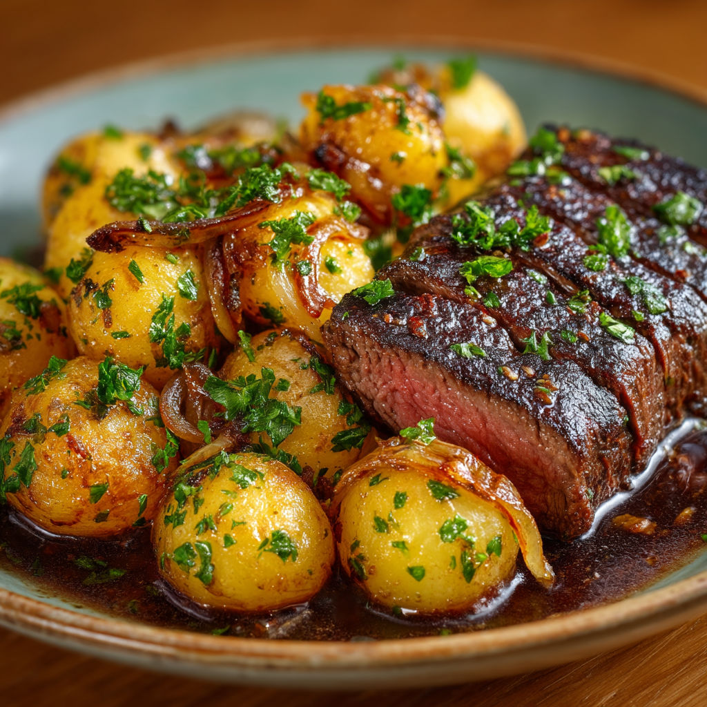 A plate of meat and potatoes.