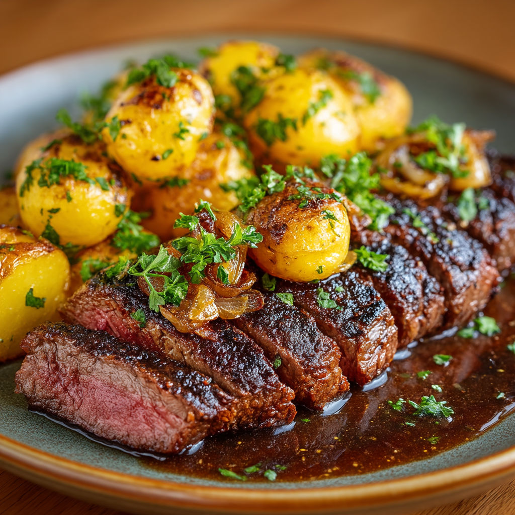 A plate of food with meat and potatoes.