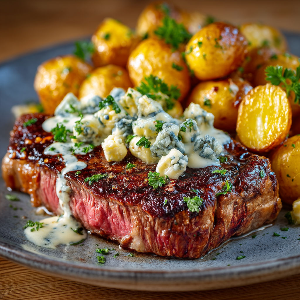 A plate of meat with sauce roquefort.