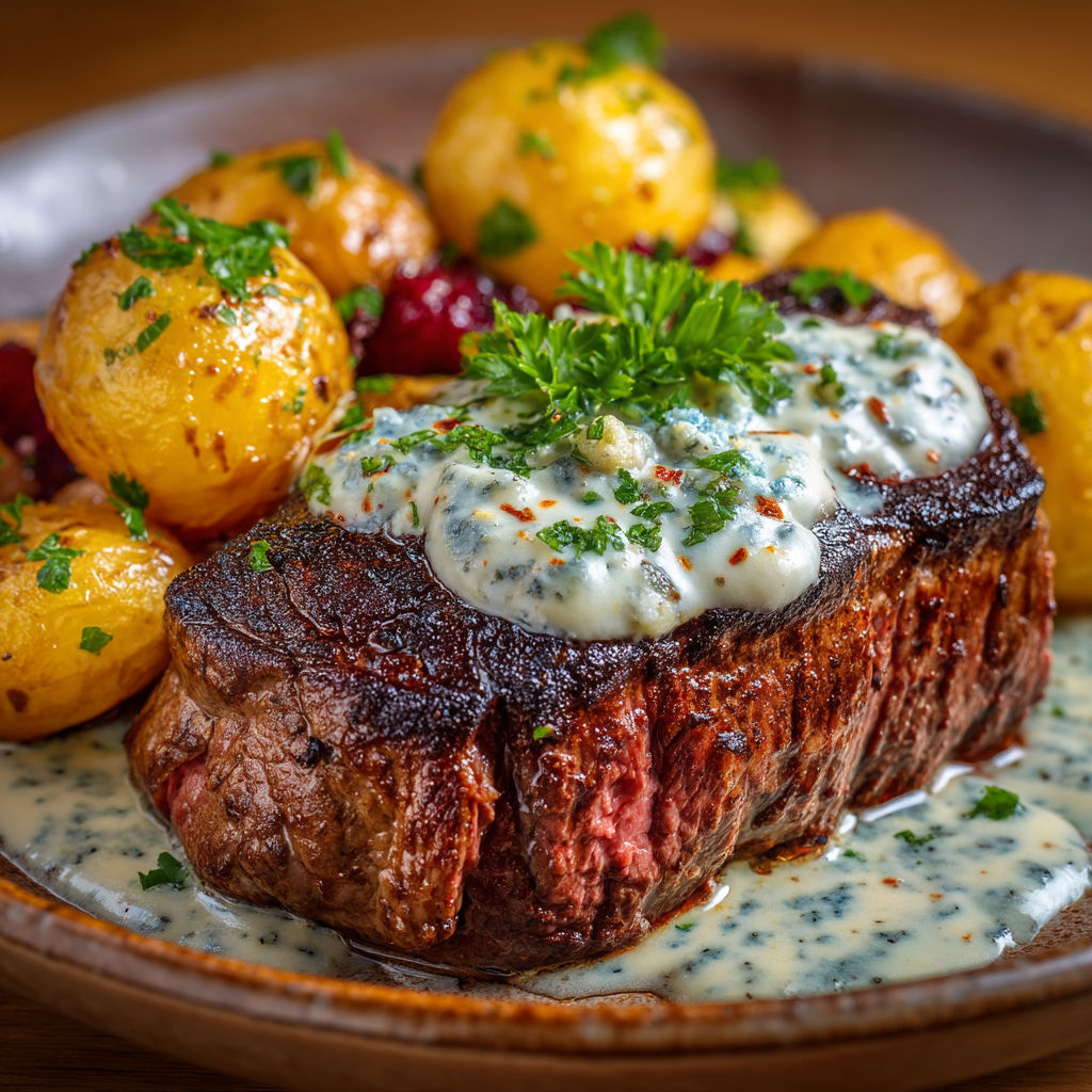 A plate of food with a steak and potatoes.