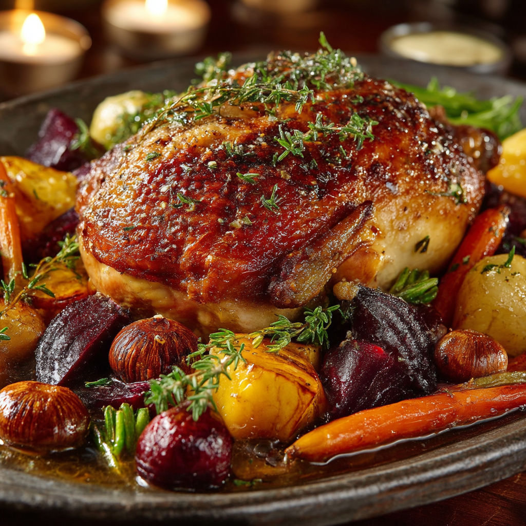 A roasted chicken with vegetables and herbs.