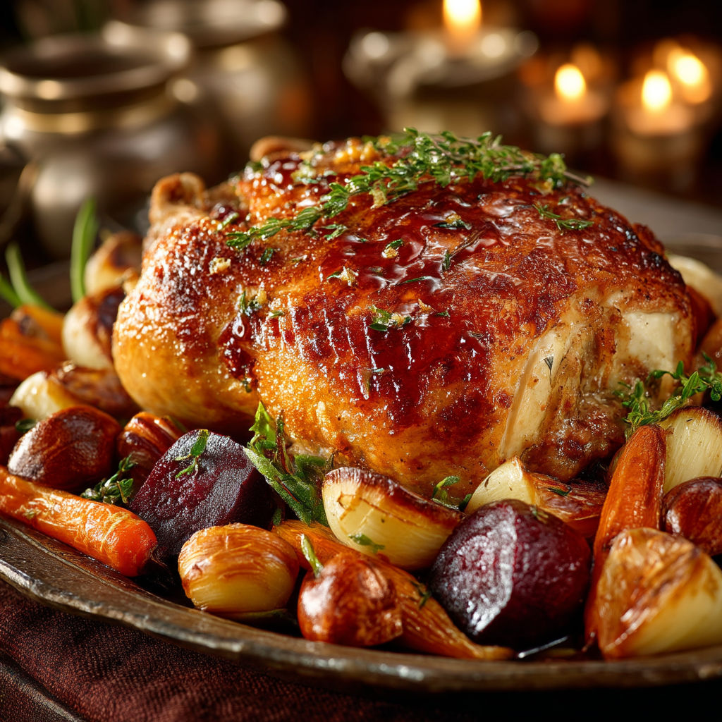 A roasted chicken with a brown sauce and herbs.