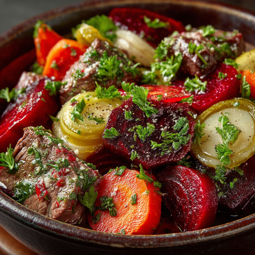 A bowl of food with beef, carrots, onions, and parsley.