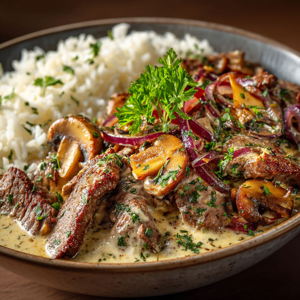 A bowl of meat and rice.