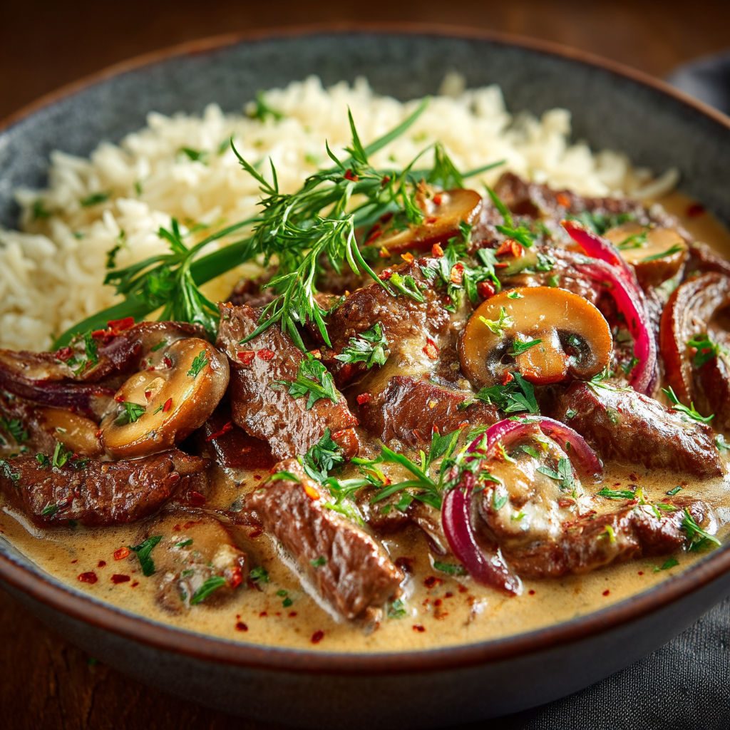 A bowl of rice with meat and mushrooms.