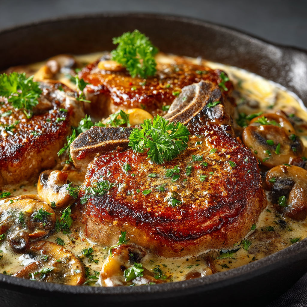 A dish of meat with mushrooms and cream.