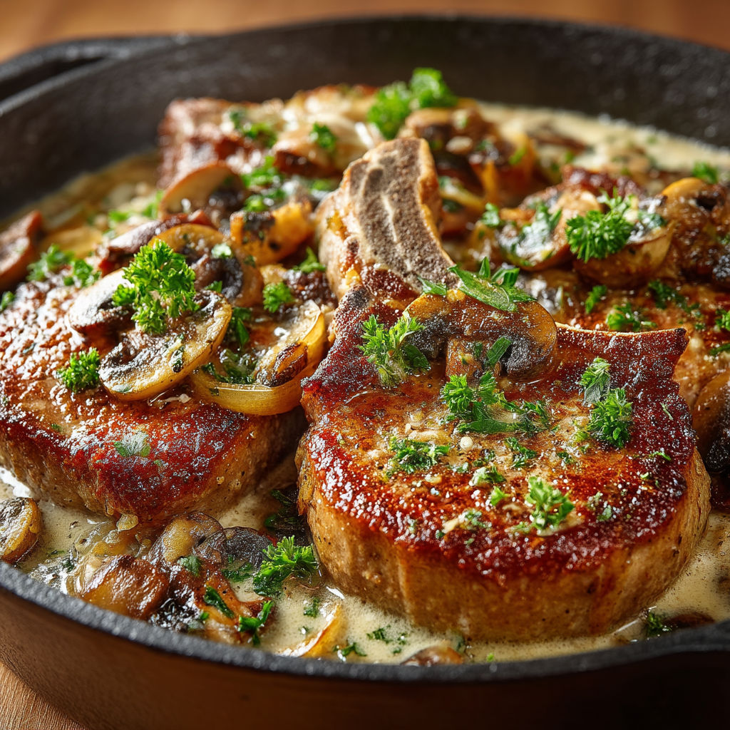 A pan of food with meat and mushrooms.